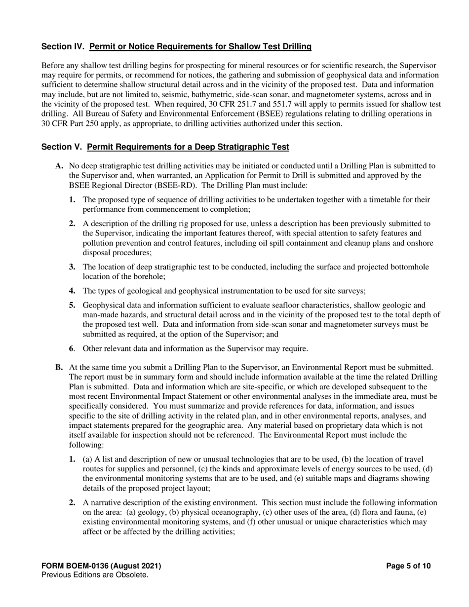 Form BOEM-0136 Permit for Geological Prospecting, Authorization for Noncommercial Geological Exploration, or Permit for Scientific Research Related to Minerals Other Than Oil, Gas, and Sulphur on the Outer Continental Shelf, Page 5
