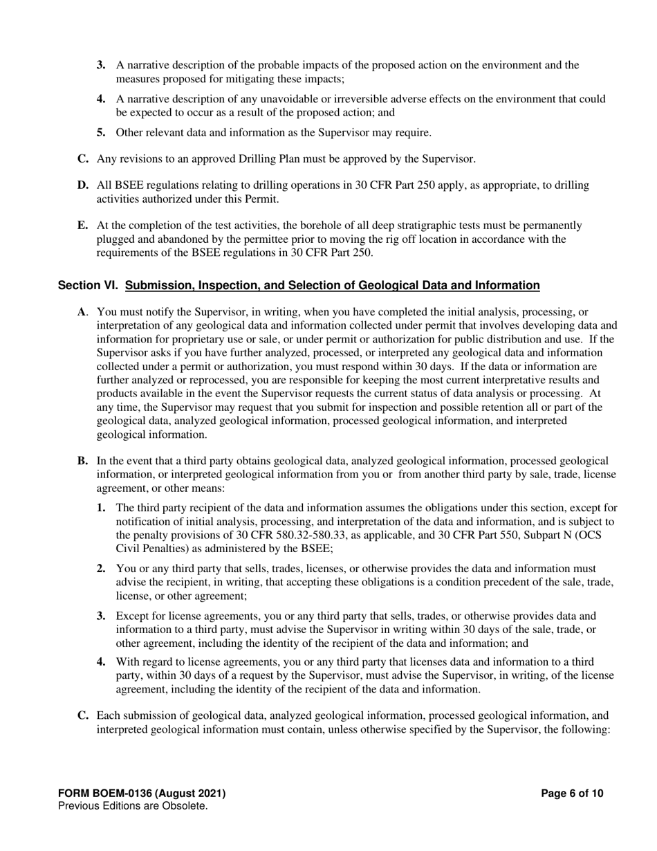 Form BOEM-0136 Permit for Geological Prospecting, Authorization for Noncommercial Geological Exploration, or Permit for Scientific Research Related to Minerals Other Than Oil, Gas, and Sulphur on the Outer Continental Shelf, Page 6