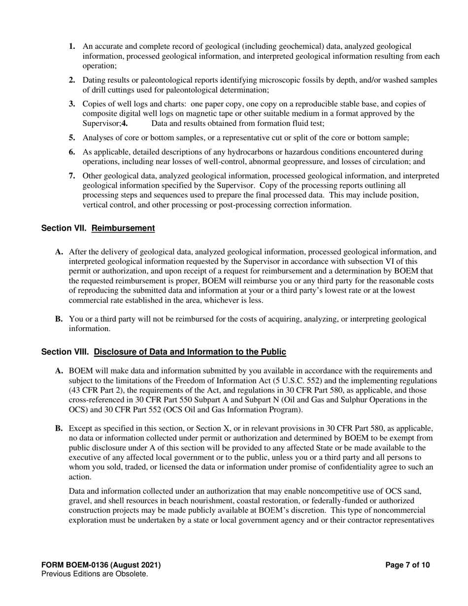 Form BOEM-0136 Permit for Geological Prospecting, Authorization for Noncommercial Geological Exploration, or Permit for Scientific Research Related to Minerals Other Than Oil, Gas, and Sulphur on the Outer Continental Shelf, Page 7