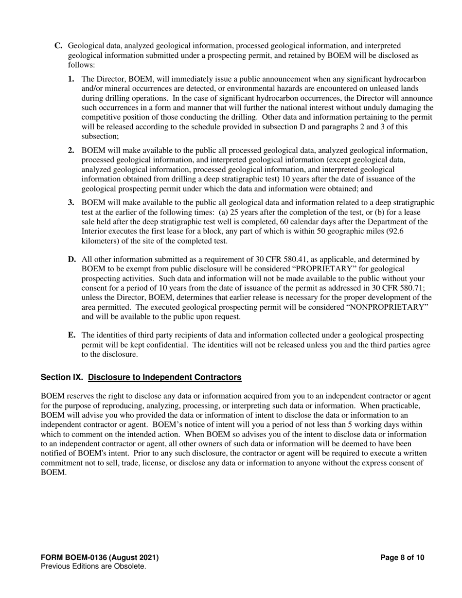 Form BOEM-0136 Permit for Geological Prospecting, Authorization for Noncommercial Geological Exploration, or Permit for Scientific Research Related to Minerals Other Than Oil, Gas, and Sulphur on the Outer Continental Shelf, Page 8