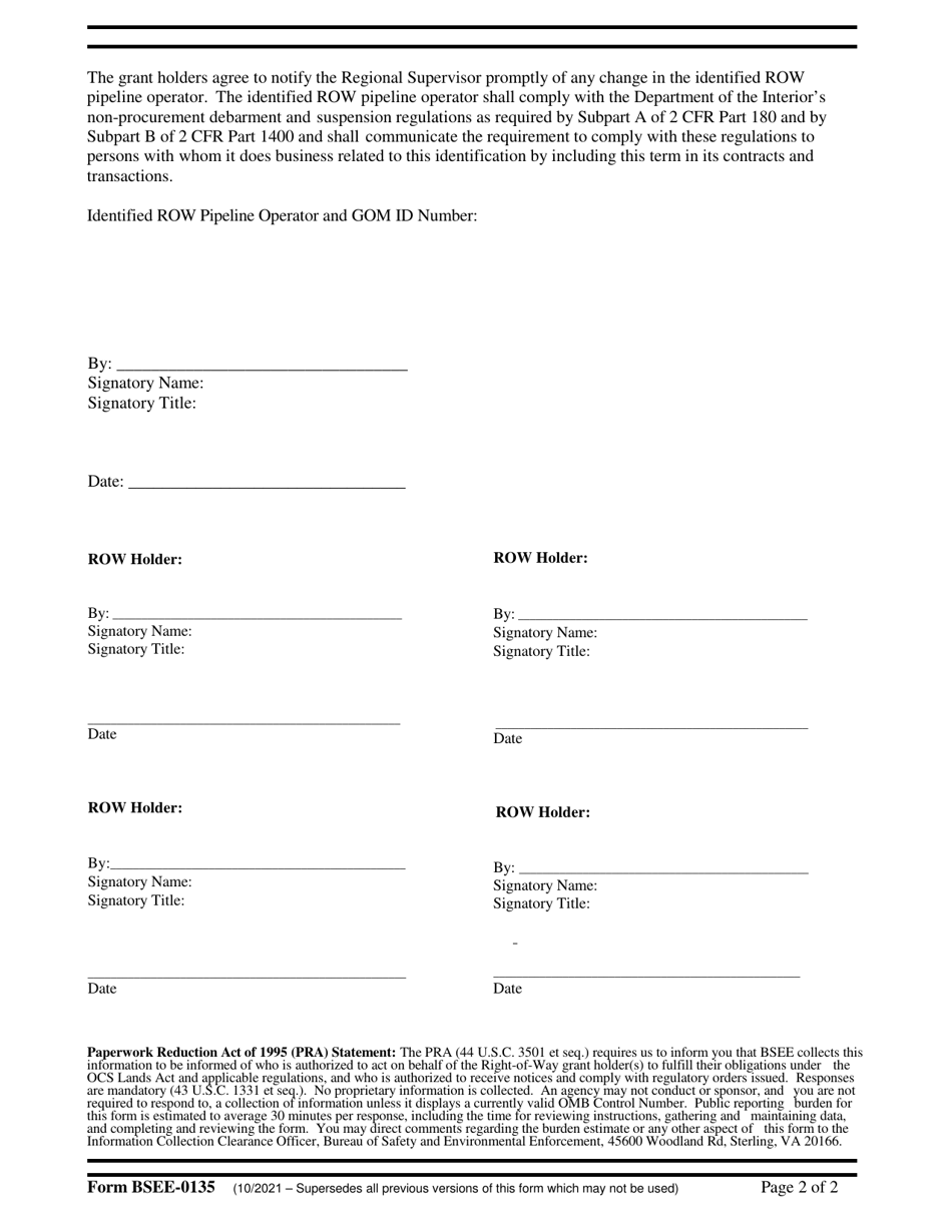 Form BSEE-0135 Identification of Right-Of-Way Pipeline Operator, Page 2