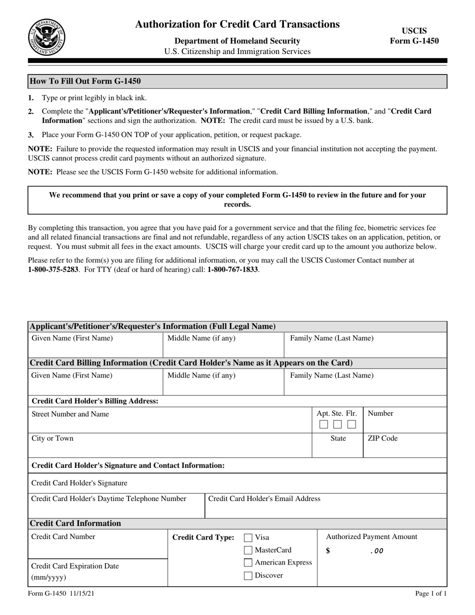 USCIS Form G-1450 Authorization for Credit Card Transactions, Page 1