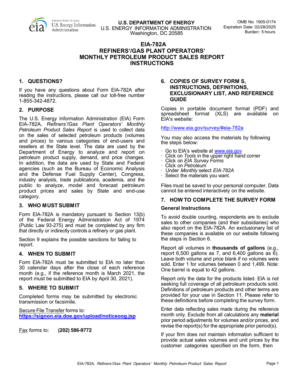 Instructions for Form EIA-782A Refiners / Gas Plant Operators Monthly Petroleum Product Sales Report, Page 1