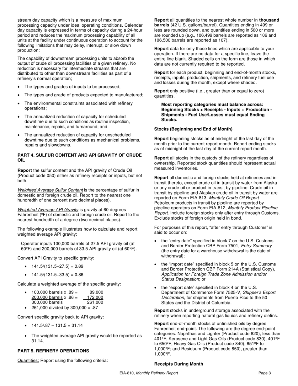 Instructions for Form EIA-810 Monthly Refinery Report, Page 3