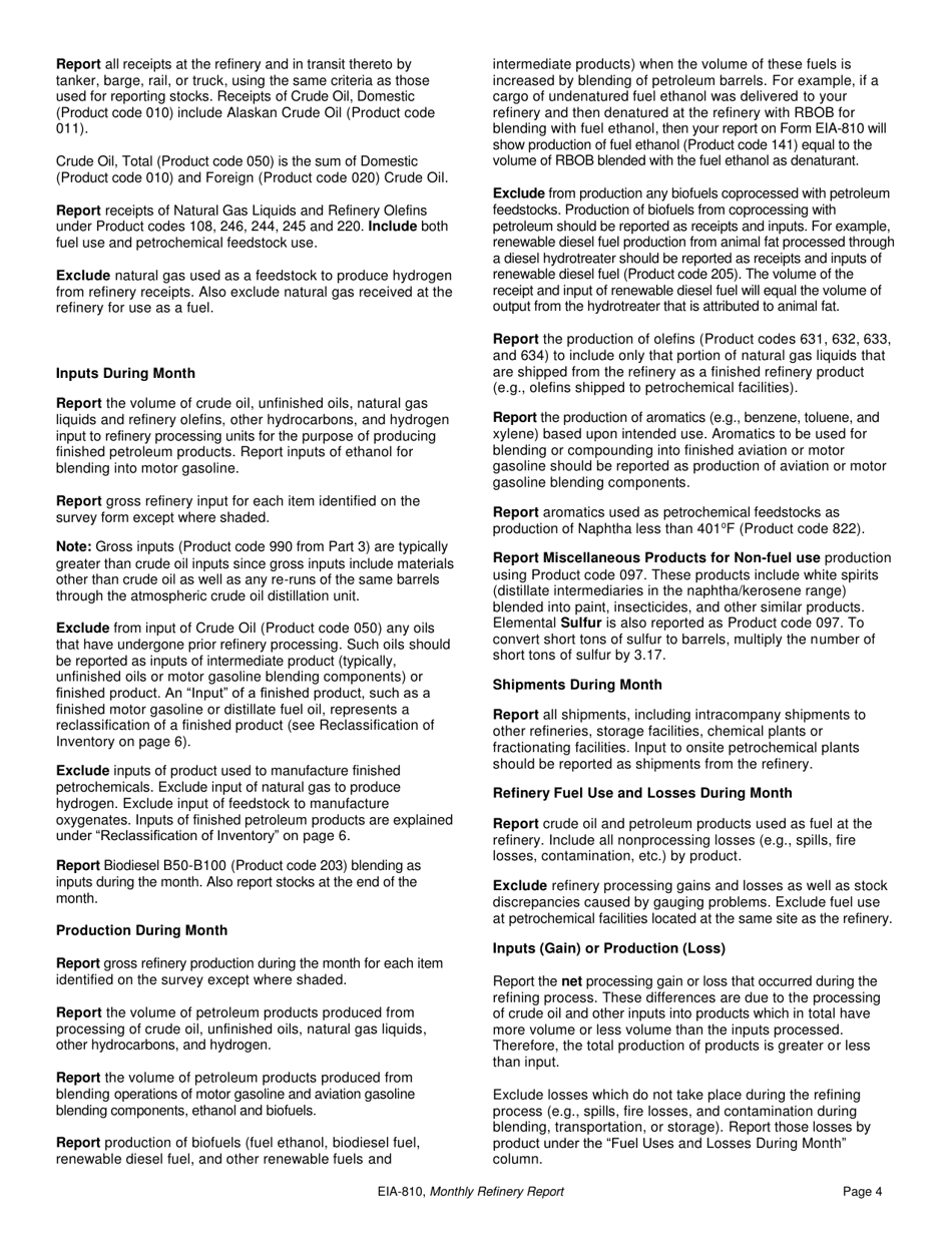 Instructions for Form EIA-810 Monthly Refinery Report, Page 4