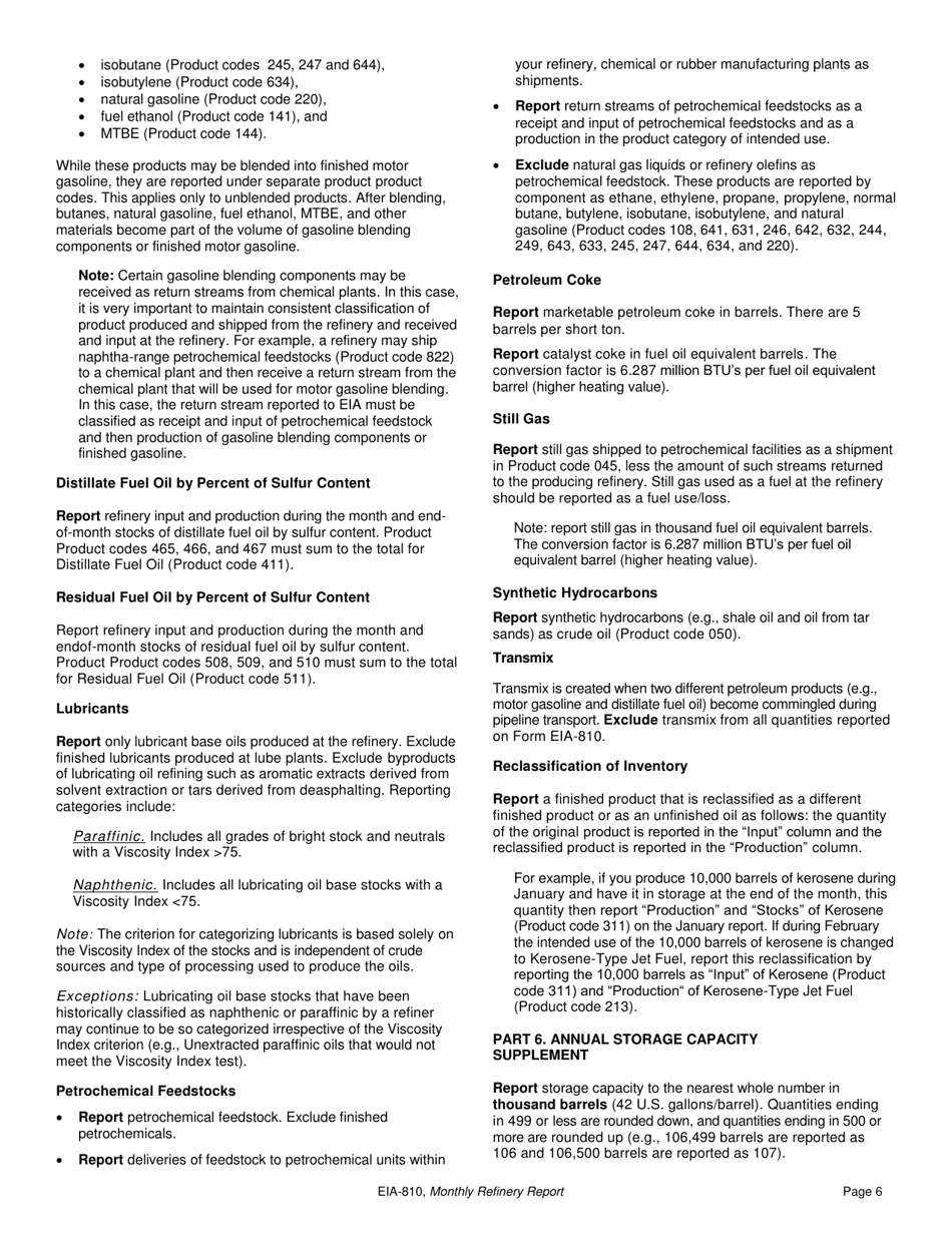 Instructions for Form EIA-810 Monthly Refinery Report, Page 6