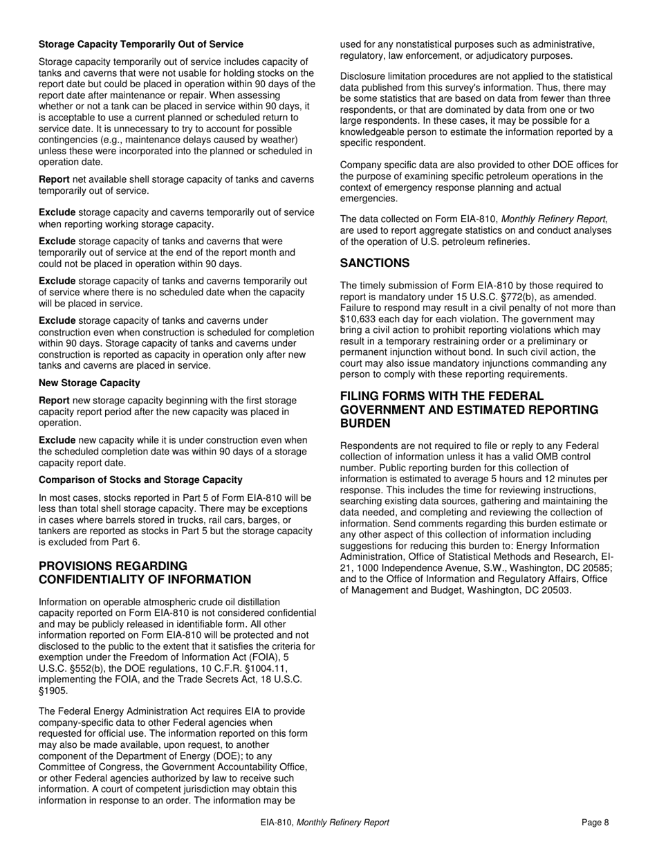 Instructions for Form EIA-810 Monthly Refinery Report, Page 8