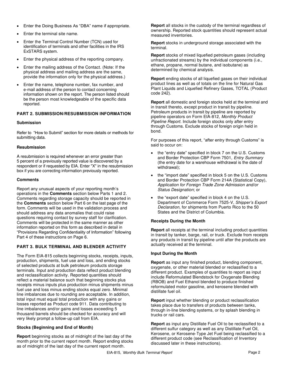 Instructions for Form EIA-815 Monthly Bulk Terminal Report, Page 2