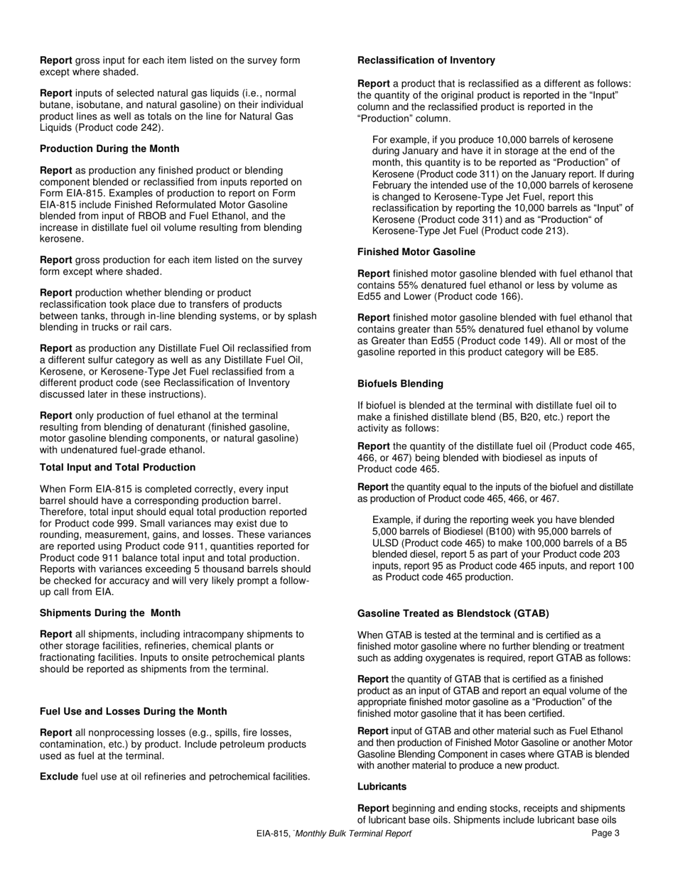 Instructions for Form EIA-815 Monthly Bulk Terminal Report, Page 3