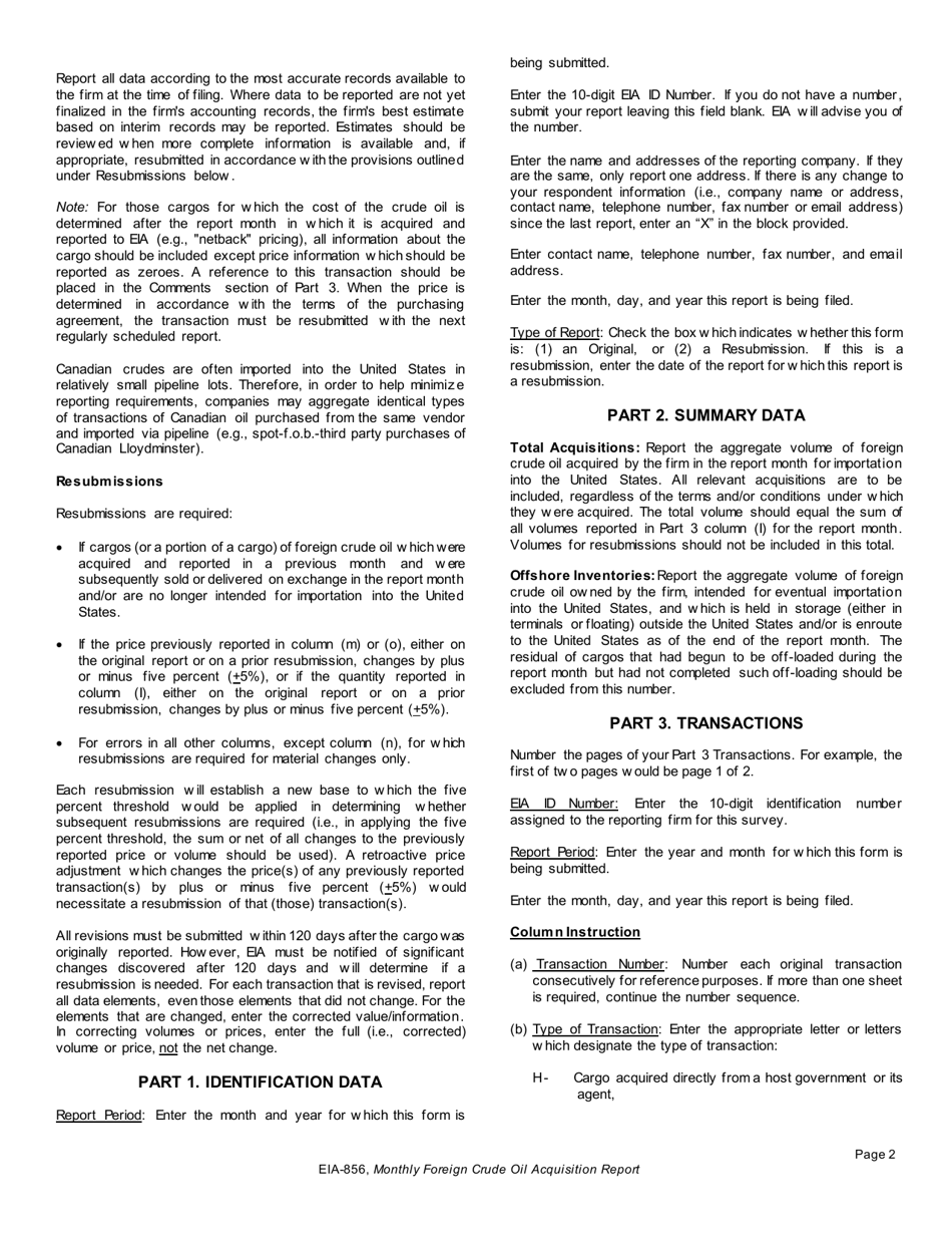 Instructions for Form EIA-856 Monthly Foreign Crude Oil Acquisition Report, Page 2