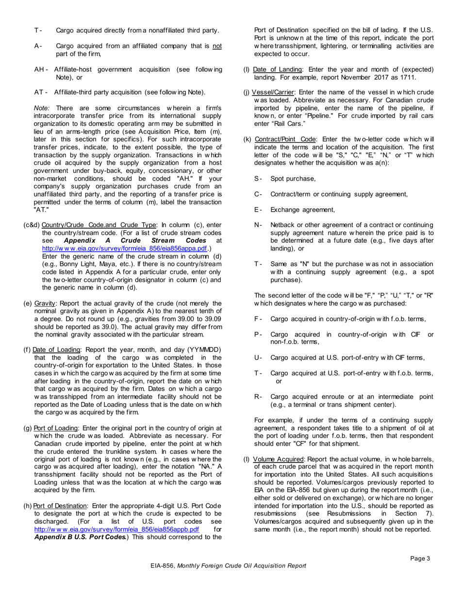 Instructions for Form EIA-856 Monthly Foreign Crude Oil Acquisition Report, Page 3
