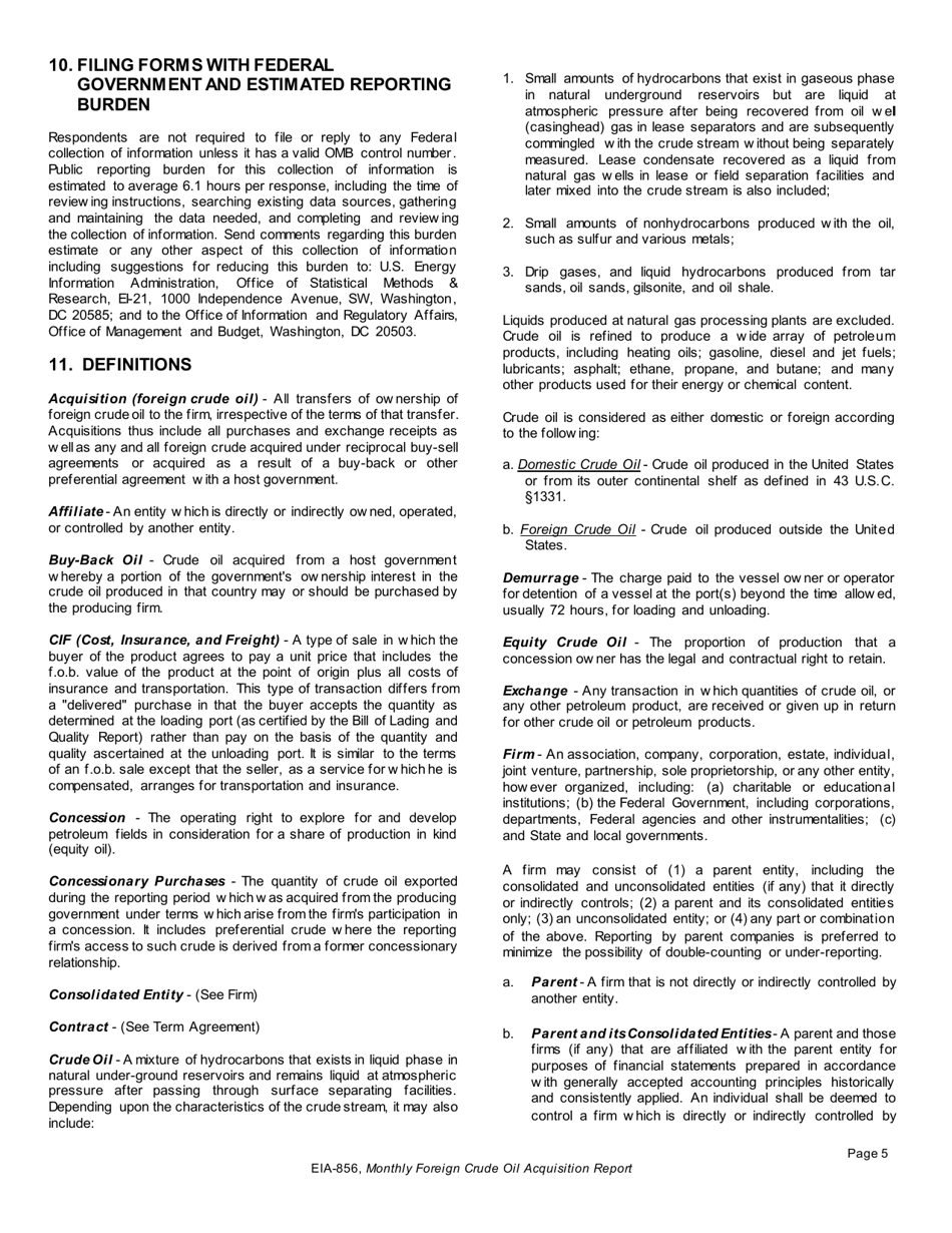 Instructions for Form EIA-856 Monthly Foreign Crude Oil Acquisition Report, Page 5