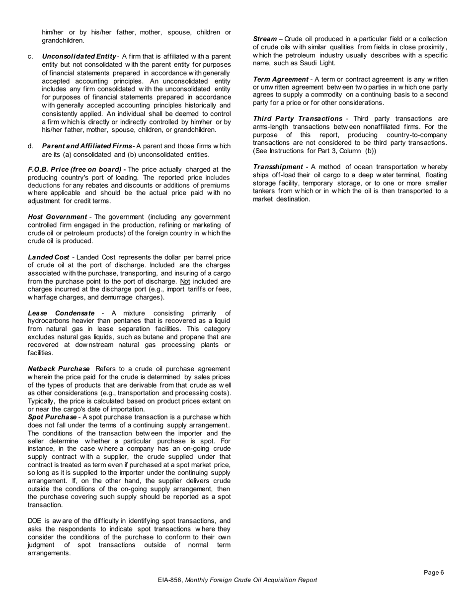 Instructions for Form EIA-856 Monthly Foreign Crude Oil Acquisition Report, Page 6