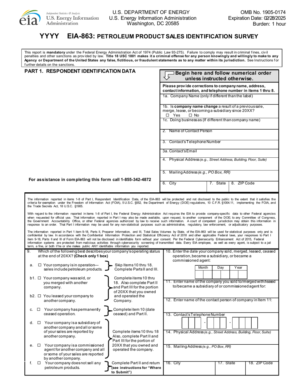 Form EIA-863 Petroleum Product Sales Identification Survey, Page 1