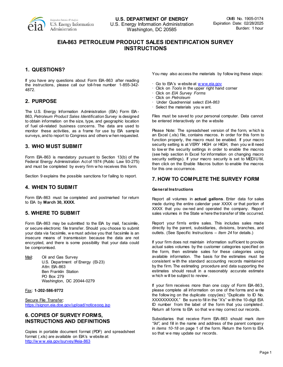 Instructions for Form EIA-863 Petroleum Product Sales Identification Survey, Page 1