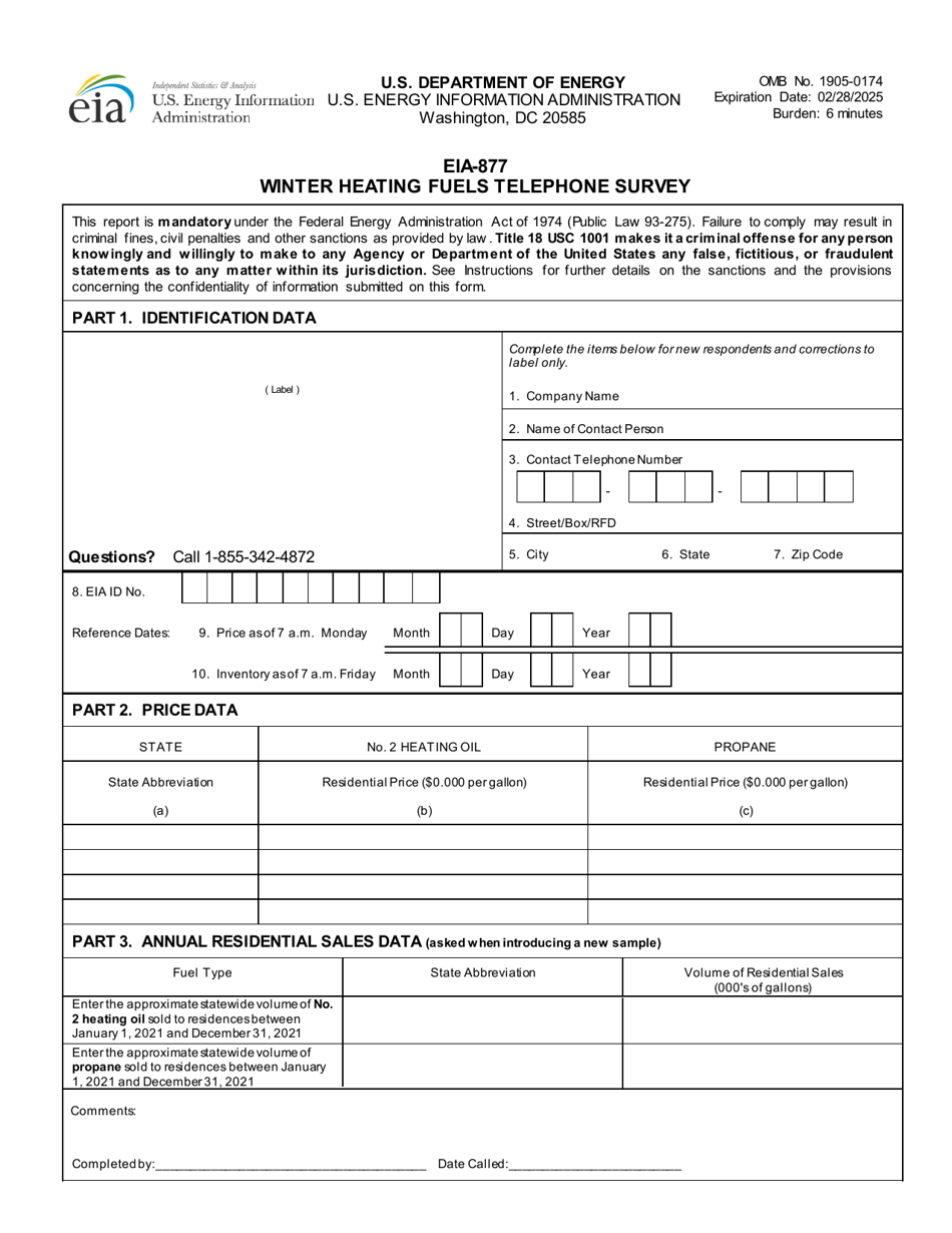 Form EIA-877 Winter Heating Fuels Telephone Survey, Page 1