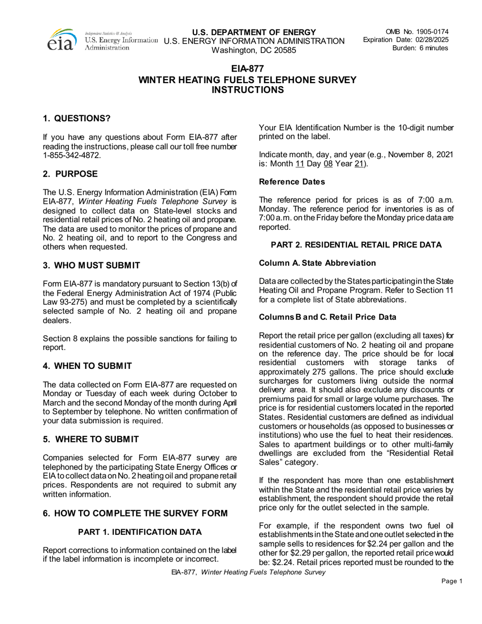 Instructions for Form EIA-877 Winter Heating Fuels Telephone Survey, Page 1