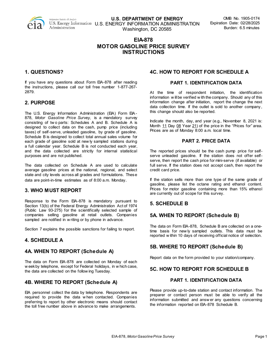 Instructions for Form EIA-878 Motor Gasoline Price Survey, Page 1