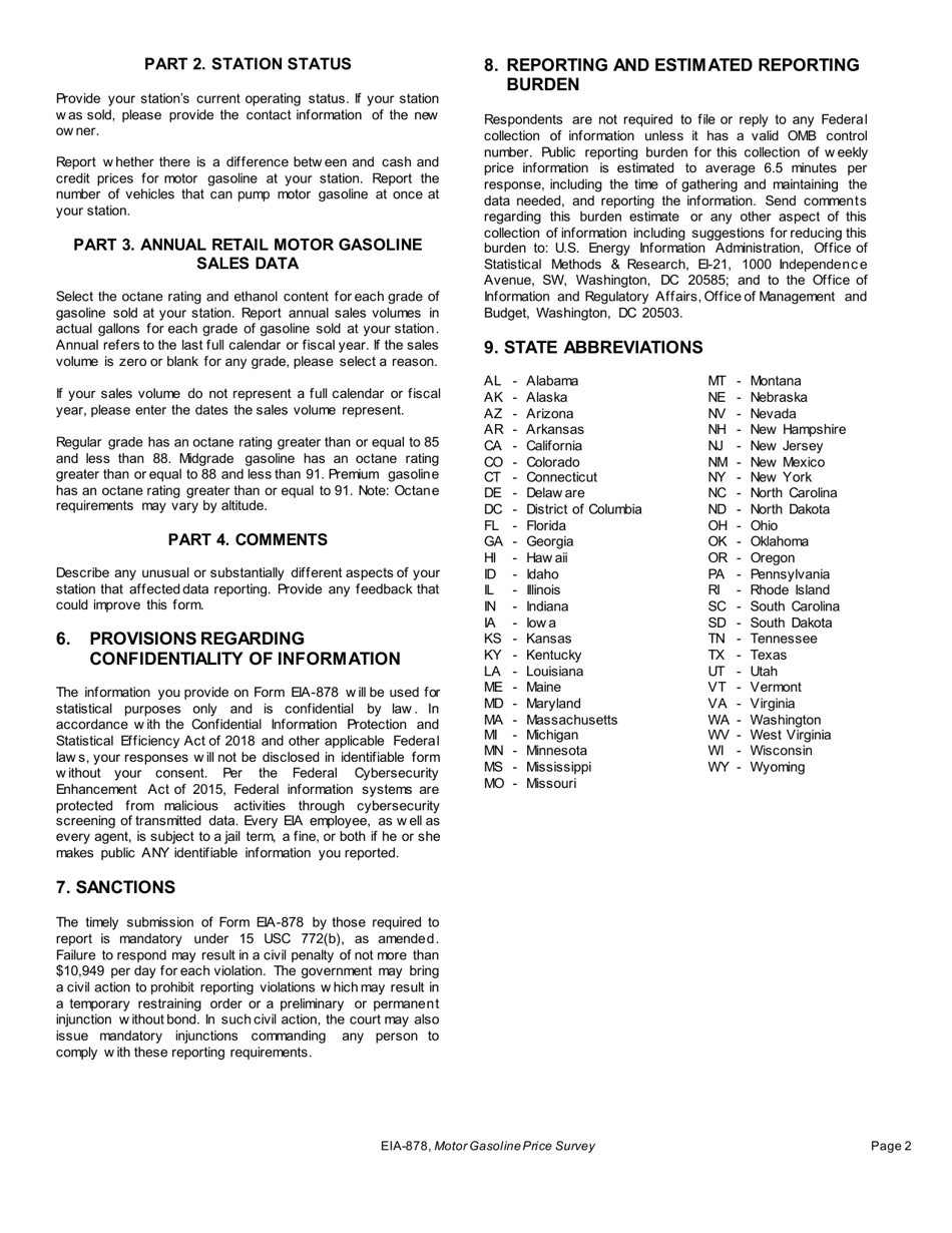 Instructions for Form EIA-878 Motor Gasoline Price Survey, Page 2