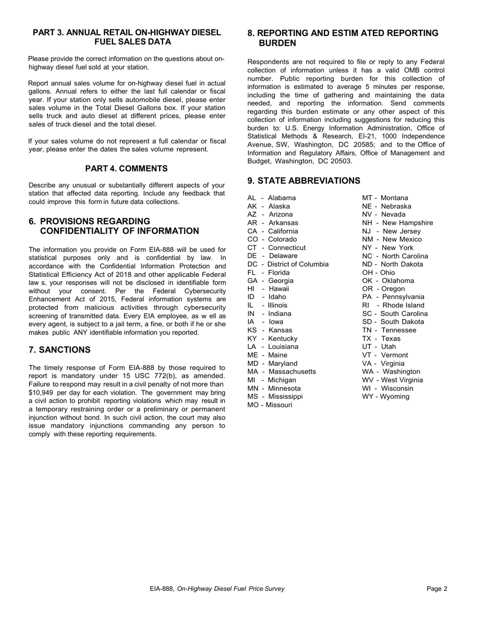 Instructions for Form EIA-888 On-Highway Diesel Fuel Price Survey, Page 2