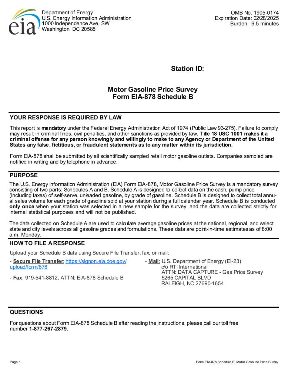 Form EIA-878 Schedule B Motor Gasoline Price Survey, Page 1