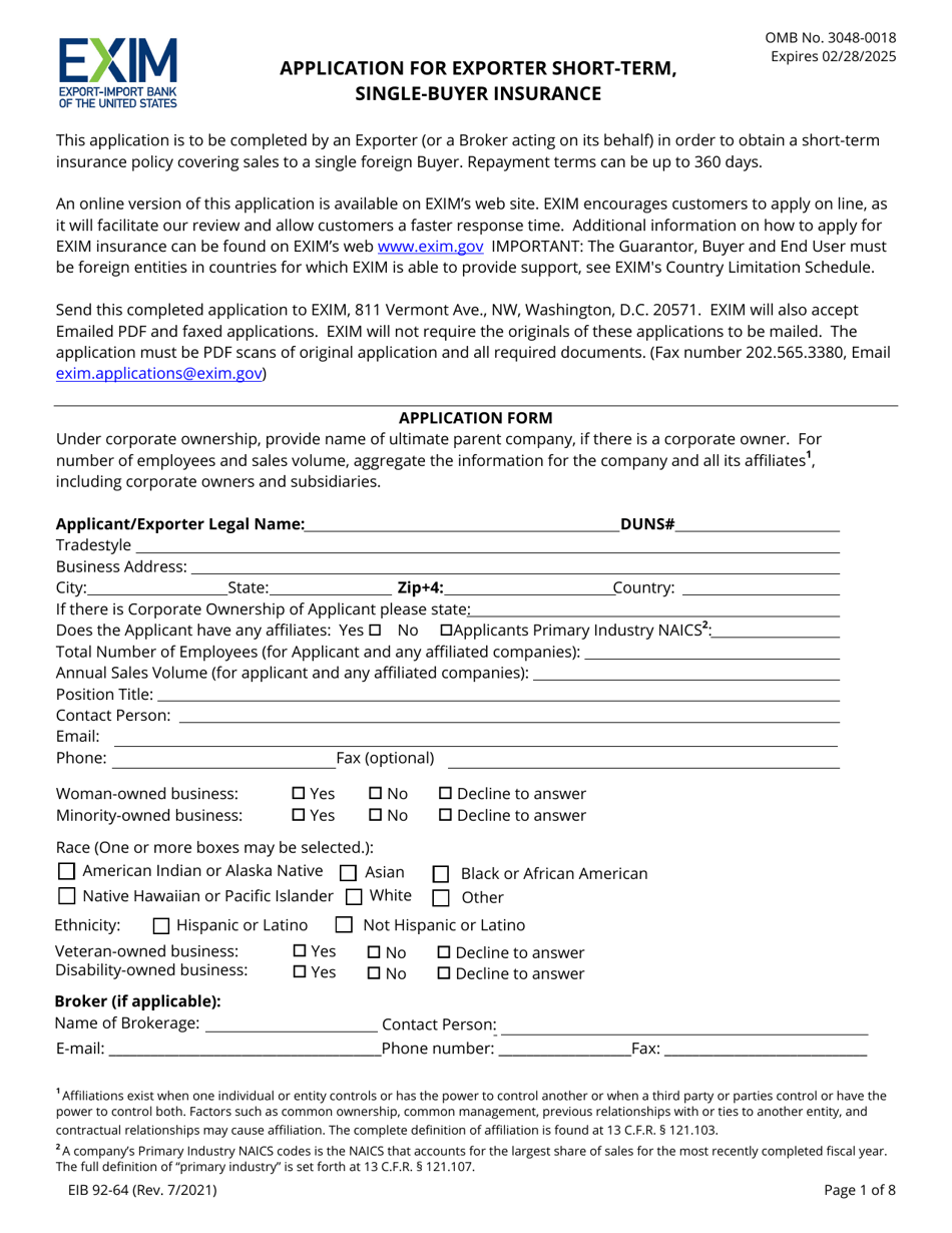 EIB Form 92-64 Application for Exporter Short-Term, Single-Buyer Insurance, Page 1