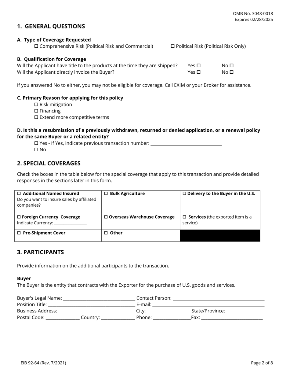 EIB Form 92-64 Application for Exporter Short-Term, Single-Buyer Insurance, Page 2