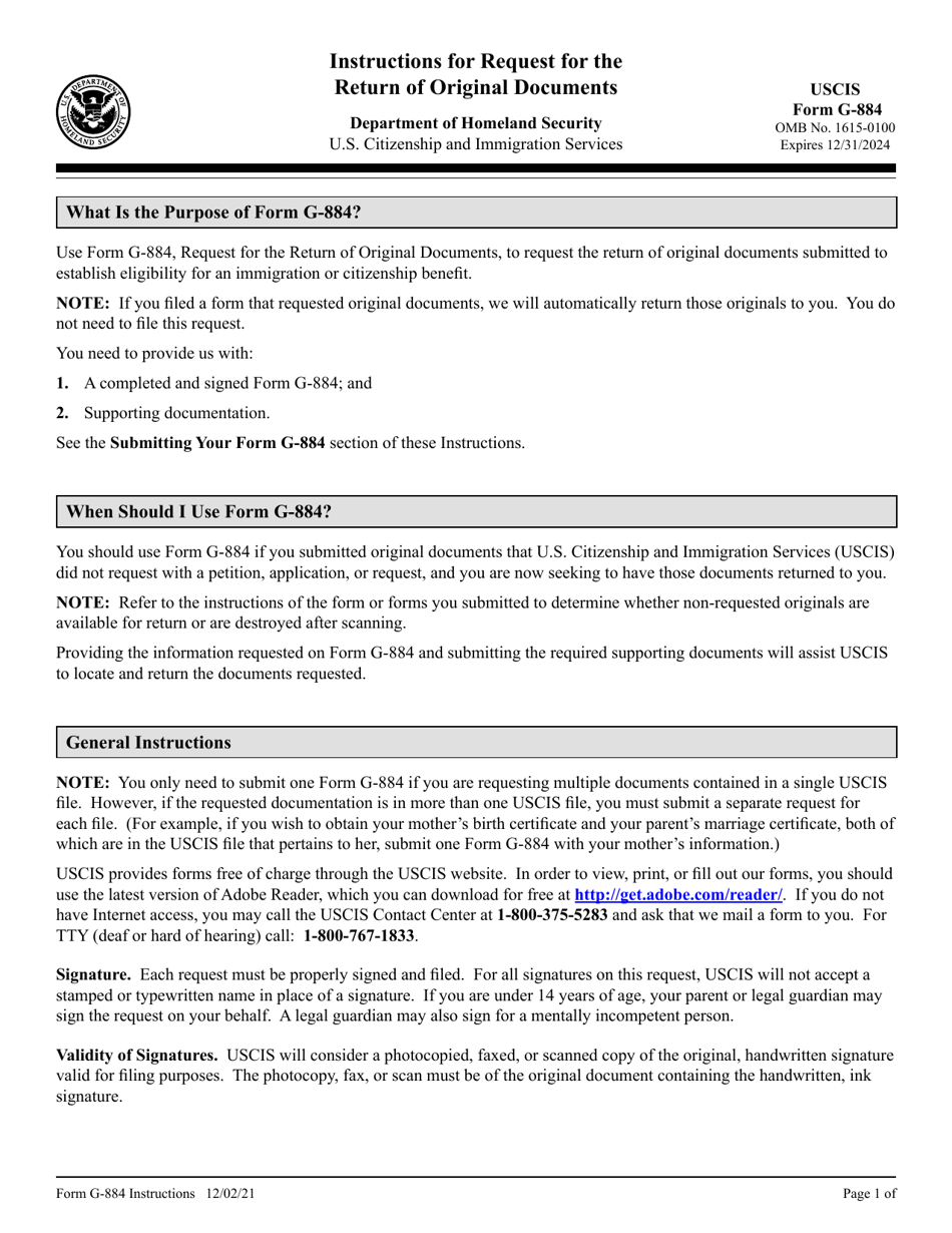 Instructions for USCIS Form G-884 Request for the Return of Original Documents, Page 1