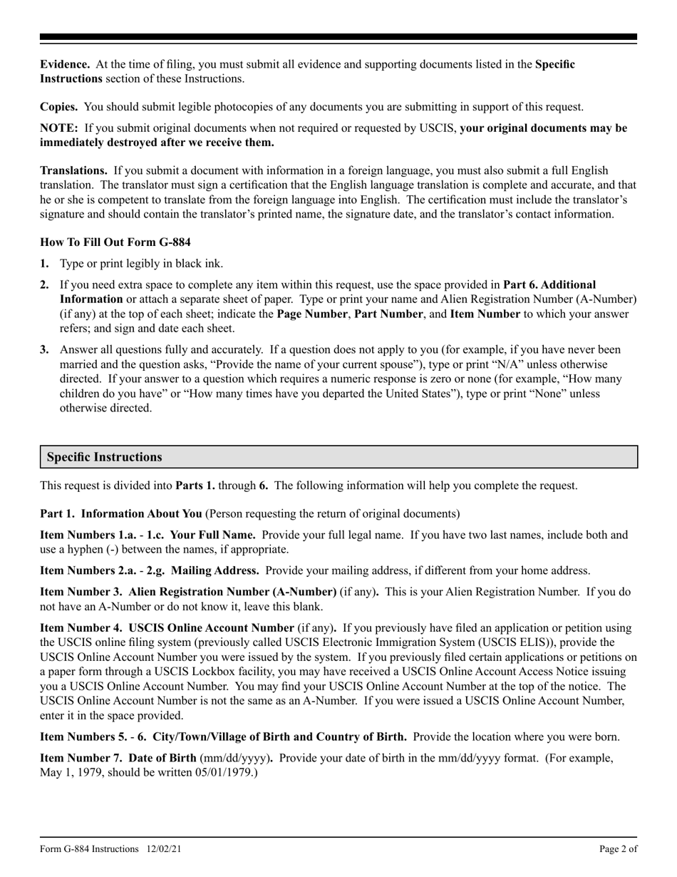 Download Instructions for USCIS Form G884 Request for the Return of