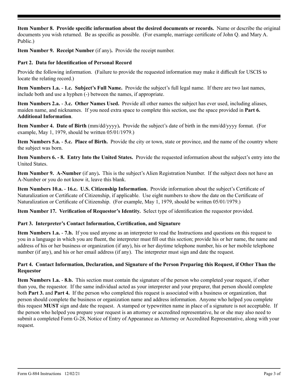 Instructions for USCIS Form G-884 Request for the Return of Original Documents, Page 3