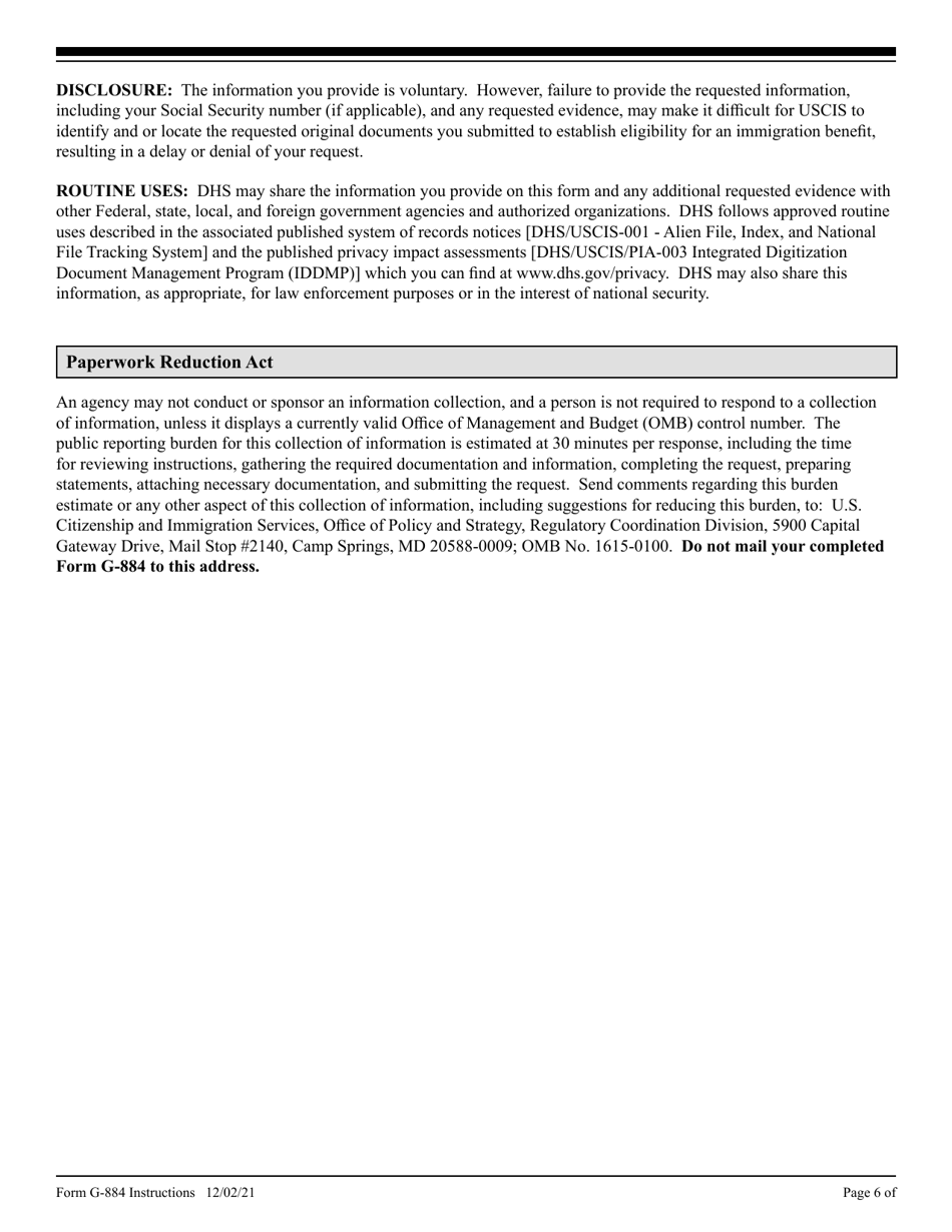 Instructions for USCIS Form G-884 Request for the Return of Original Documents, Page 6