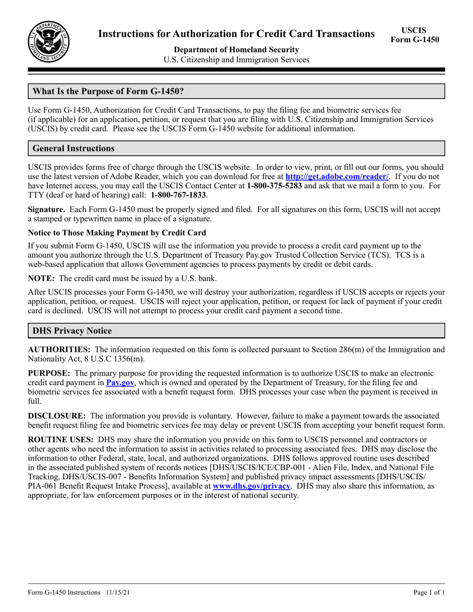 Instructions for USCIS Form G-1450 Authorization for Credit Card Transactions, Page 1