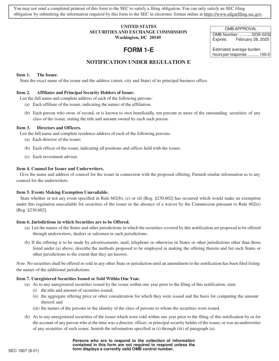 Form 1-E (SEC Form 1807) Notification Under Regulation E, Page 1