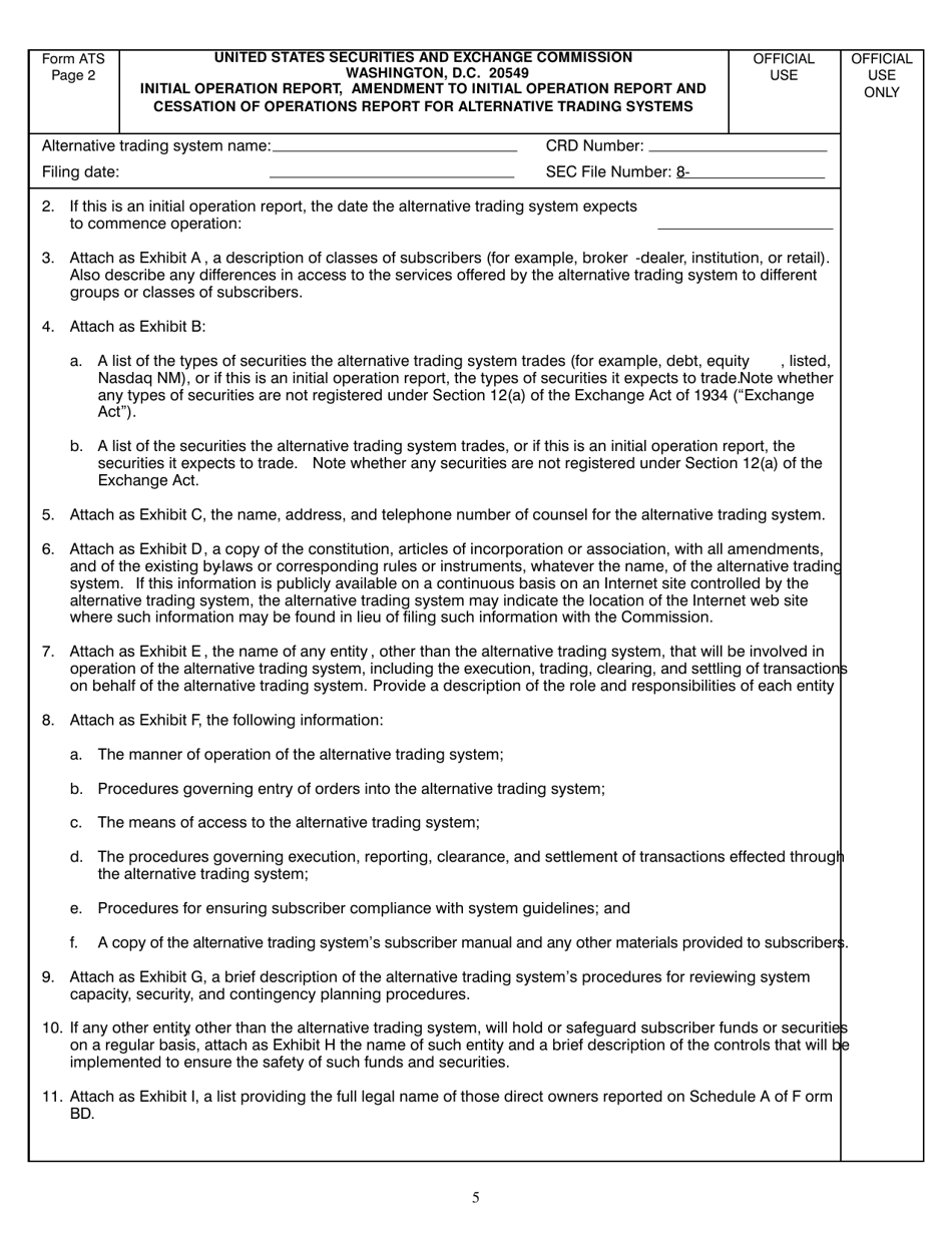SEC Form 2550 (ATS) Initial Operation Report, Amendment to Initial Operation Report and Cessation of Operations Report for Alternative Trading Systems, Page 5
