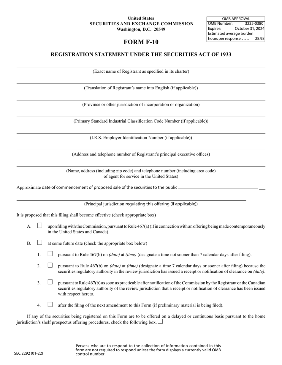 SEC Form 2292 (F-10) Registration Statement Under the Securities Act of 1933, Page 1