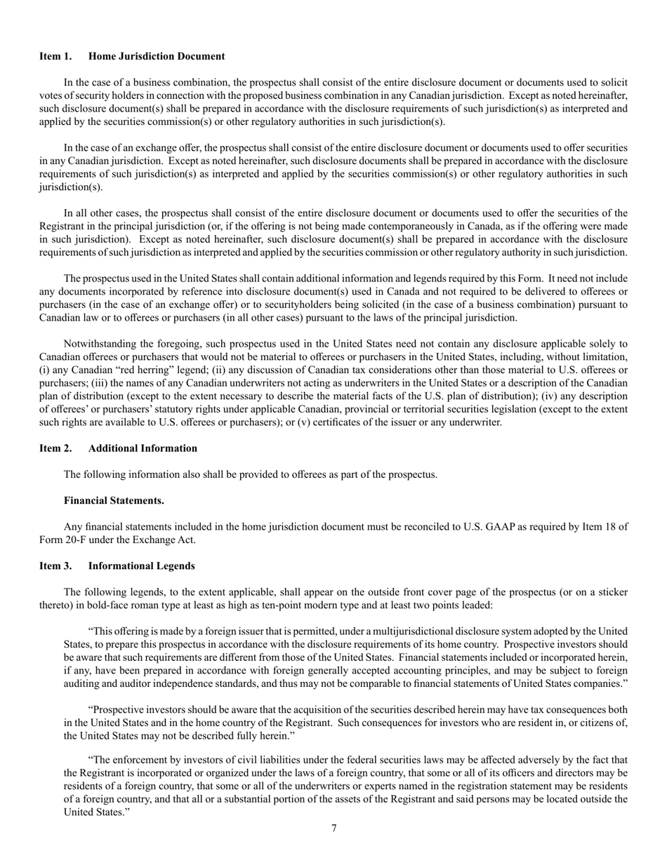 SEC Form 2292 (F-10) Registration Statement Under the Securities Act of 1933, Page 7