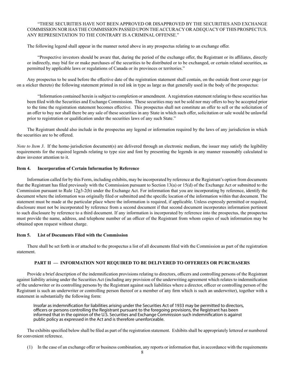 SEC Form 2292 (F-10) Registration Statement Under the Securities Act of 1933, Page 8