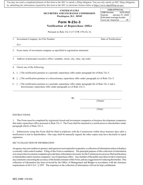 SEC Form 2380 (N-23C-3)  Printable Pdf