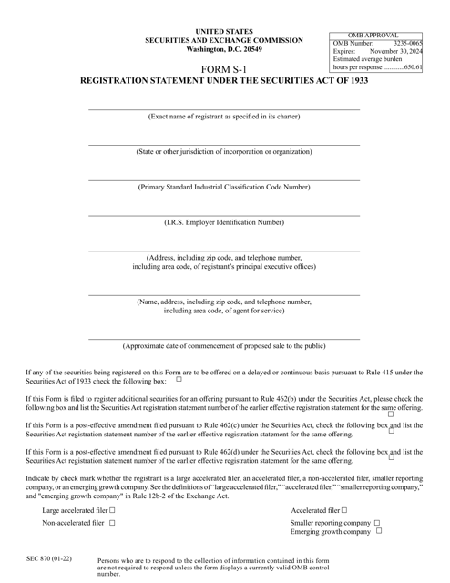 SEC Form 870 (S-1)  Printable Pdf