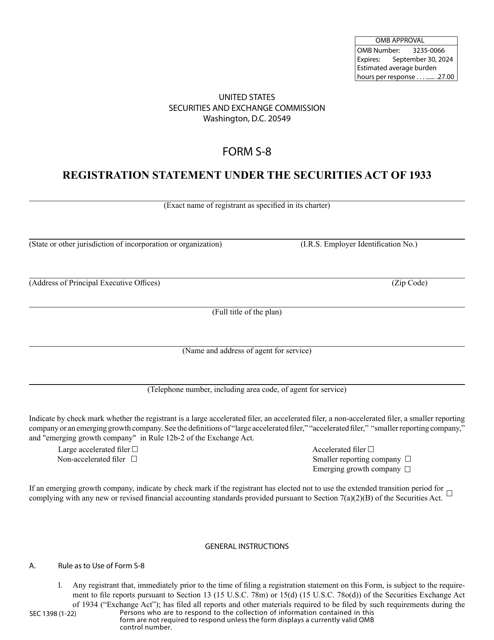 SEC Form 1398 (S-8)  Printable Pdf