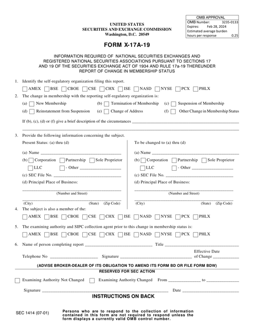 SEC Form 1414 (X-17A-19)  Printable Pdf