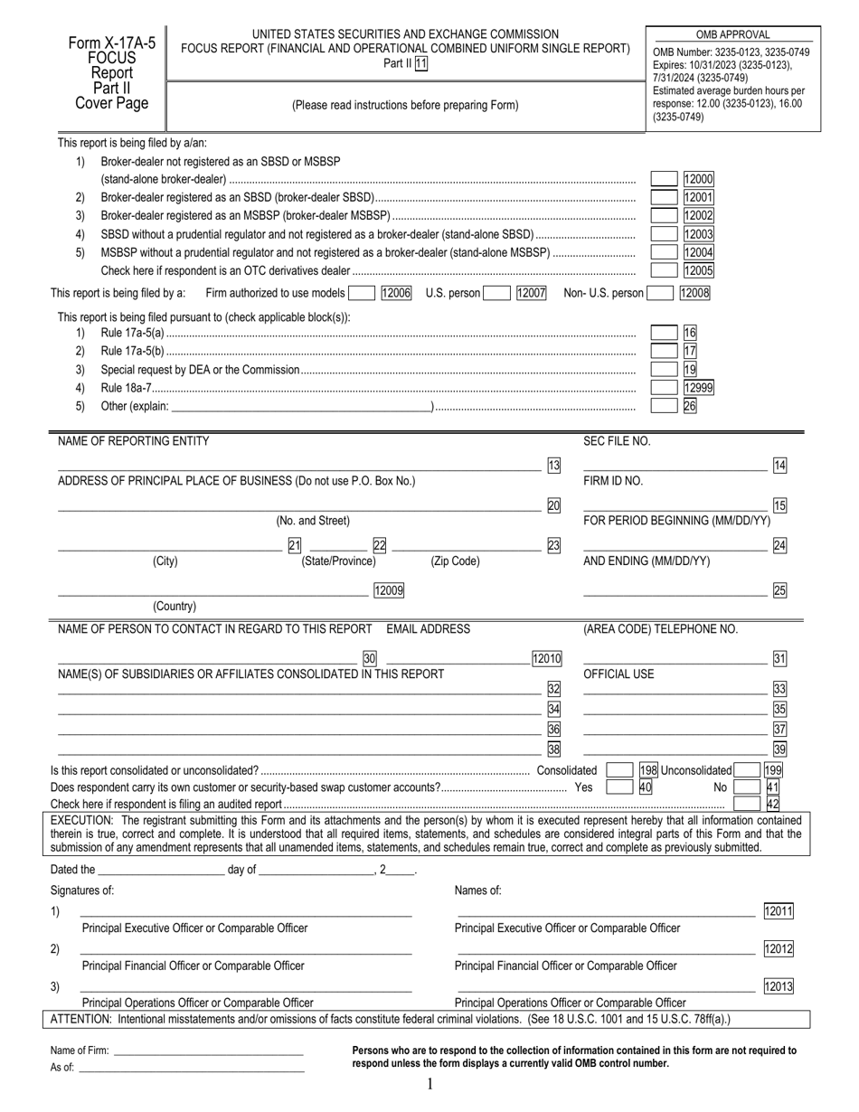 SEC Form 1695 (X-17A-5) Part II Focus Report (Financial and Operational Combined Uniform Single Report), Page 1