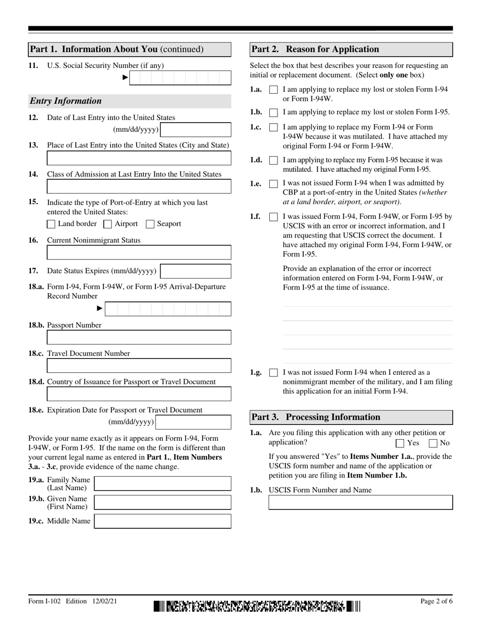 USCIS Form I-102 Download Fillable PDF or Fill Online Application for ...