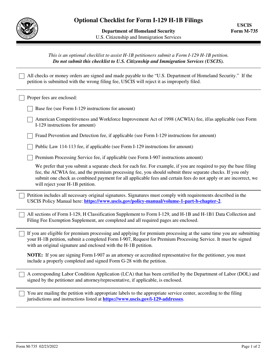 USCIS Form M-735 Optional Checklist for Form I-129 H-1b Filings, Page 1