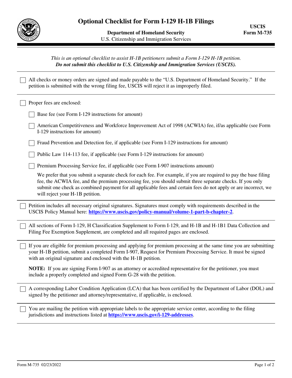 USCIS Form M-735 Download Fillable PDF Or Fill Online Optional ...