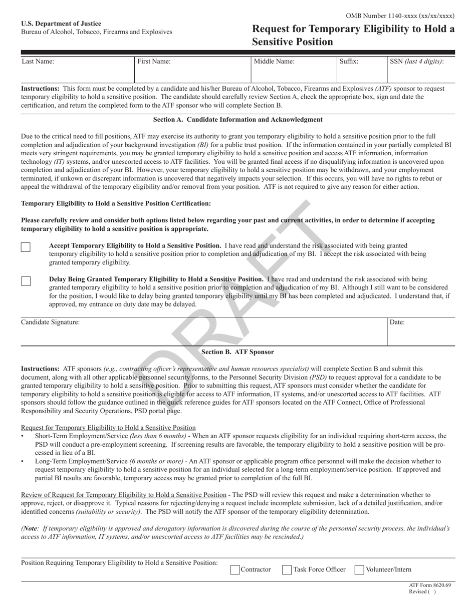 ATF Form 8620.69 Request for Temporary Eligibility to Hold a Sensitive Position - Draft, Page 1