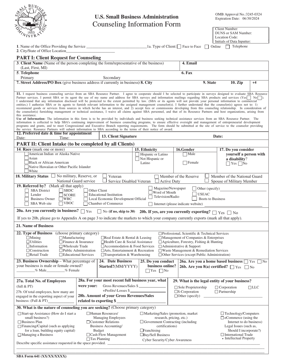 SBA Form 641 Counseling Information Form, Page 1