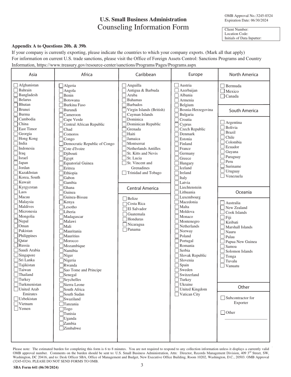 SBA Form 641 Counseling Information Form, Page 3