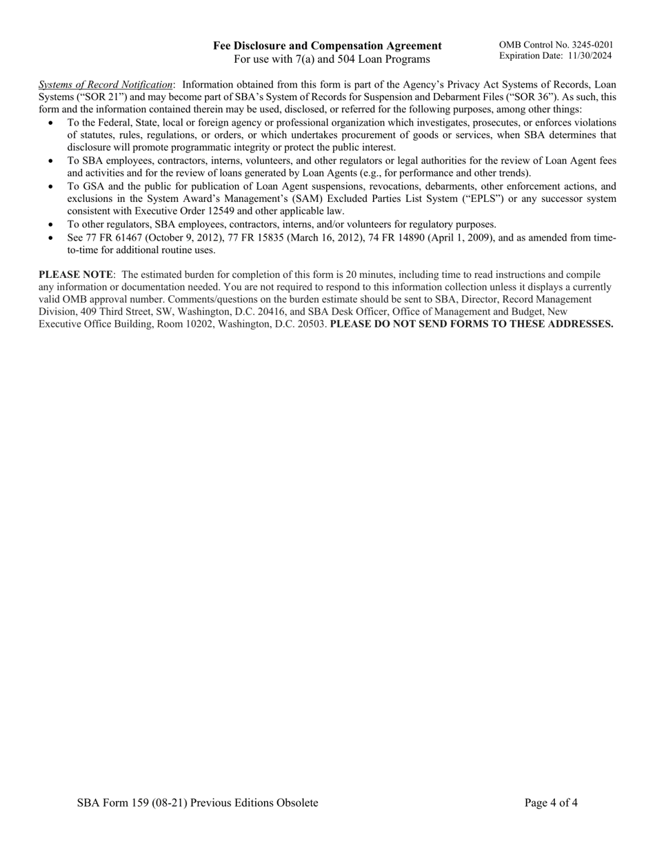 SBA Form 159 Fee Disclosure and Compensation Agreement, Page 4