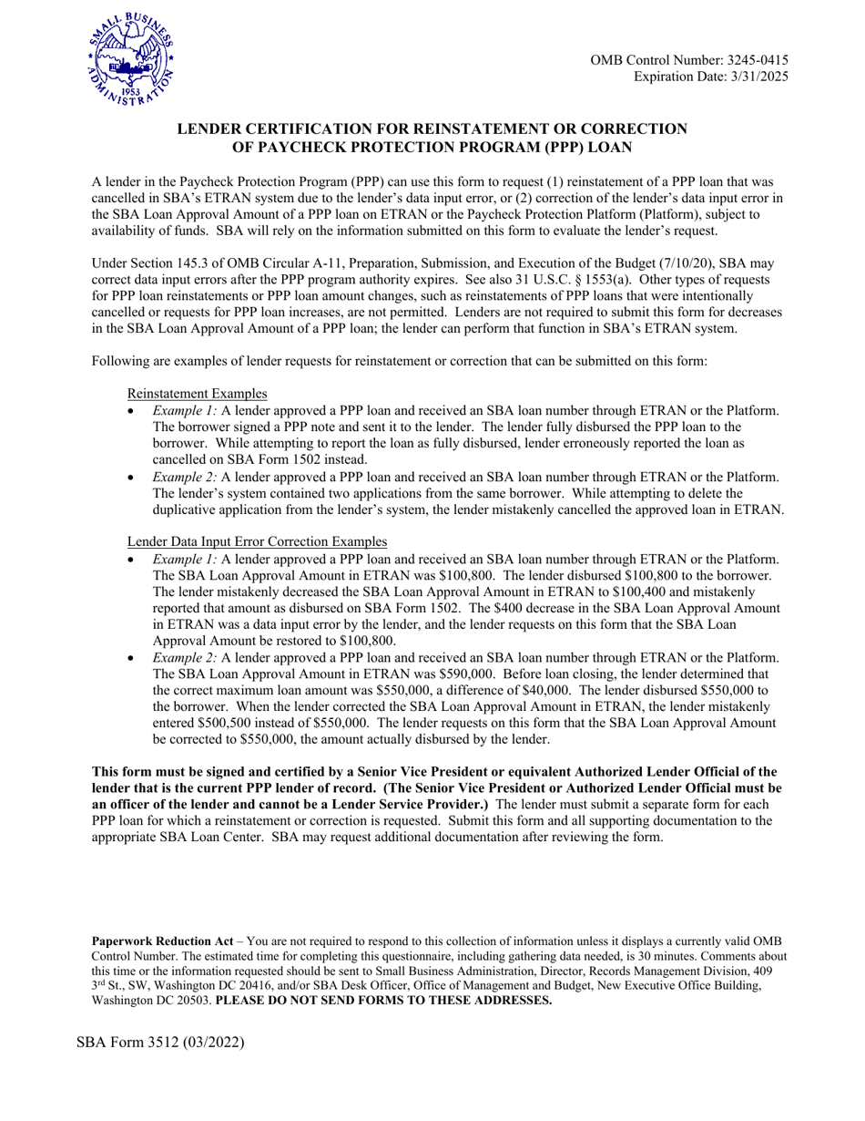 SBA Form 3512 Lender Certification for Reinstatement or Correction of Paycheck Protection Program (PPP) Loan, Page 1